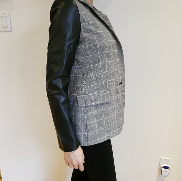 DKNY plaid faux leather sleeves jacket - Picture 2 of 7